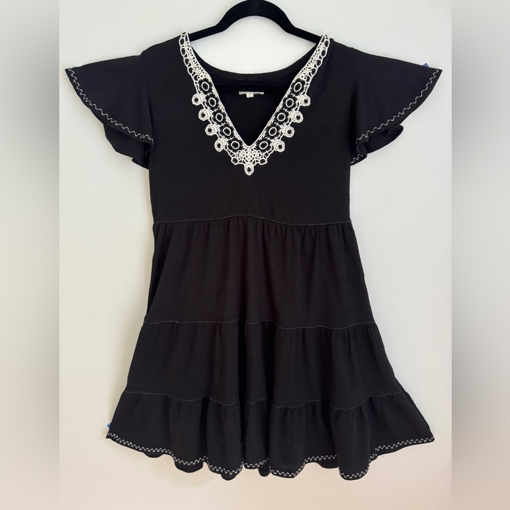 Boho Black Embroidered Tiered Flutter Sleeve Dress by Max Studio Size‎ M